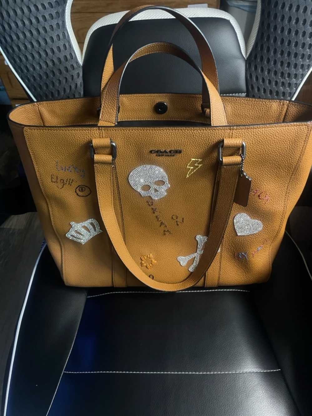 Coach Tan/Brown Leather Tote with Embellished Skull and Heart Motifs